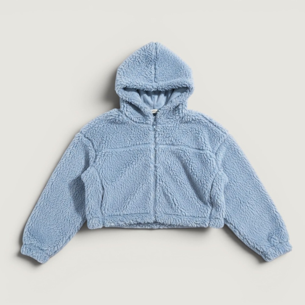 BDG Teddy Bear Jacket Women Small Blue Excellent Cropped Hooded Fleece‎ Zip Up